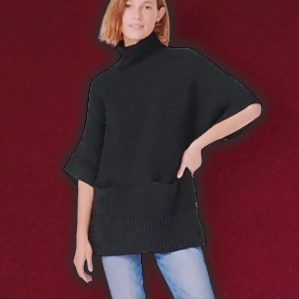 NWT J. Crew Black Cotton / Wool Blend Side Button ‘Turtleneck Poncho’ Size XS
